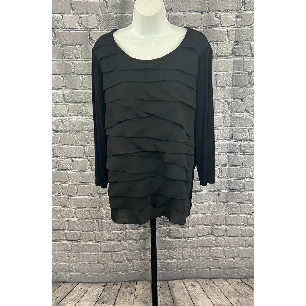 Chico's Travelers Black Top Slinky Ruffled Front 3/4 Sleeve Shirt Size 3 XL 16‎